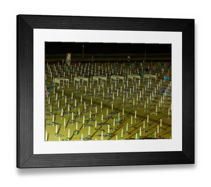 Framed Print : View of the beach at night with closed parasols and sun loungers, Lignano Sabbiadoro, Udine, Adriatic Coast, Italy, Europe Framed Print : View of the beach at night with closed parasols and sun loungers, Lignano Sabbiadoro, Udine, Adriatic Coast, Italy, Europe