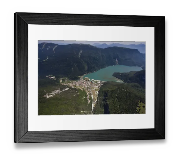 Framed Print : Aerial view, Lake Molveno mountain lake, Molveno, Trentino, Italy Framed Print : Aerial view, Lake Molveno mountain lake, Molveno, Trentino, Italy
