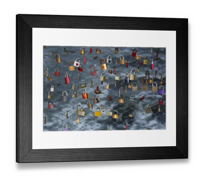 Framed Print : Love locks, padlocks, as a sign of live, at the main bridge over the Mur river, Graz, Styria, Austria, Europe