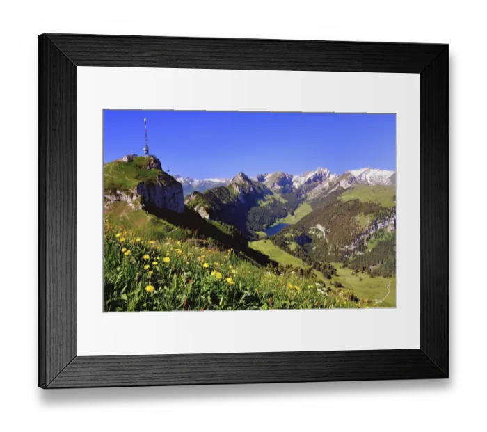 Framed Print : Cable car on Hoher Kasten mountain, Alpstein region, lake Samtisersee and Kreuzberge mountains, Altmann mountain, Santis mountain, Canton of Appenzell Innerrhoden, Canton of St. Gallen, Switzerland Framed Print : Cable car on Hoher Kasten mountain, Alpstein region, lake Samtisersee and Kreuzberge mountains, Altmann mountain, Santis mountain, Canton of Appenzell Innerrhoden, Canton of St. Gallen, Switzerland