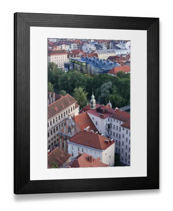 Framed Print : Kunsthaus, art house, river Mur, Palais Attems and Dreifaltigkeitskirche, Trinity Church, view from Schlossberg, castle hill, Graz, Styria, Austria, Europe Framed Print : Kunsthaus, art house, river Mur, Palais Attems and Dreifaltigkeitskirche, Trinity Church, view from Schlossberg, castle hill, Graz, Styria, Austria, Europe