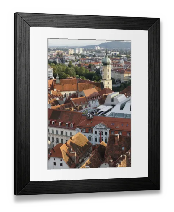 Framed Print : View from Schlossberg, castle hill, Cafe Lounge on the roof of Kastner and Oehler, Franciscan Church, Graz, Styria, Austria, Europe, PublicGround