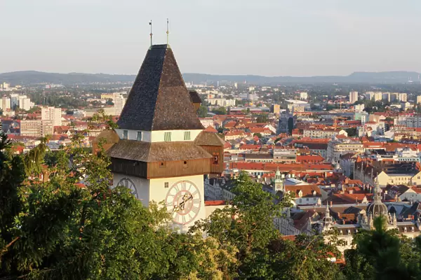 Clock tower on Schlossberg, castle hill, Graz, Styria, Austria, Europe, PublicGround