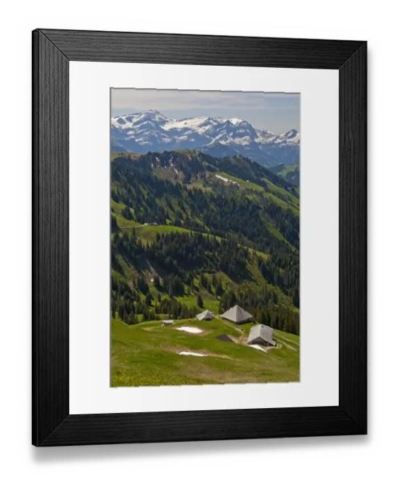 Framed Print : Pre-alpine landscape with alpine cabins, the snow-capped Bernese Alps at the back, near Ablandschen, Saanen, Canton of Bern, Switzerland Framed Print : Pre-alpine landscape with alpine cabins, the snow-capped Bernese Alps at the back, near Ablandschen, Saanen, Canton of Bern, Switzerland