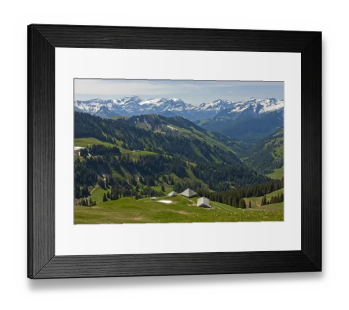 Framed Print : Pre-alpine landscape with alpine cabins, the snow-capped Bernese Alps at the back, near Ablandschen, Saanen, Canton of Bern, Switzerland Framed Print : Pre-alpine landscape with alpine cabins, the snow-capped Bernese Alps at the back, near Ablandschen, Saanen, Canton of Bern, Switzerland