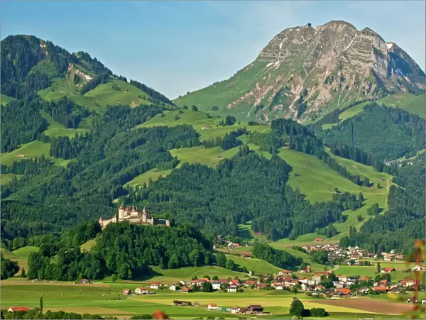 Town of Gruyeres with Gruyeres Castle, Gruyere District, Switzerland