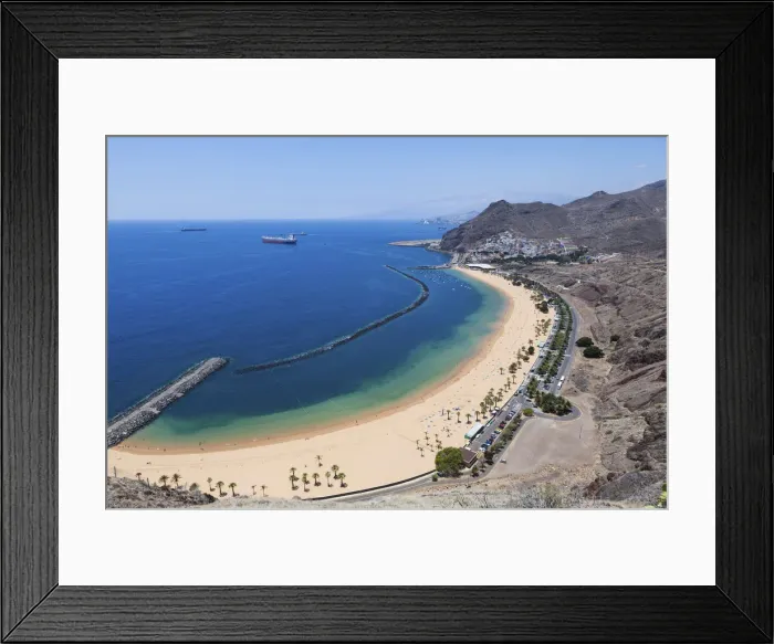 Framed Print : The sandy beach of Playa de las Teresitas, birds eye view, San Andres, La Montanita, Tenerife, Canary Islands, Spain