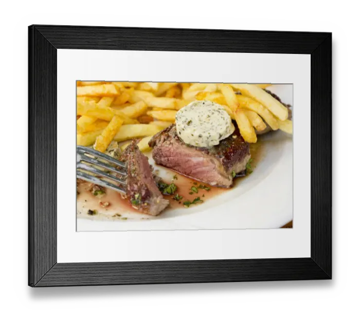 Framed Print : Rump steak, medium, with French fries and herb butter Framed Print : Rump steak, medium, with French fries and herb butter