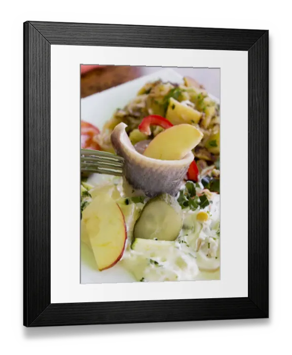 Framed Print : Young salted herring with yoghurt dressing, fruit and potatoes Framed Print : Young salted herring with yoghurt dressing, fruit and potatoes