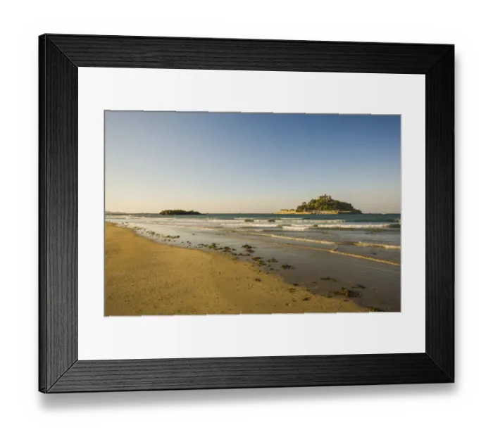 Framed Print : Sand beach with the island of St. Michaels Mount at high tide, Marazion, Cornwall, England, United Kingdom Framed Print : Sand beach with the island of St. Michaels Mount at high tide, Marazion, Cornwall, England, United Kingdom