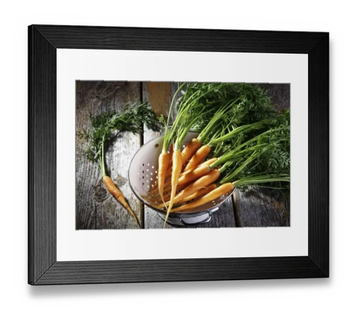 Framed Print : Fresh carrots, carrots in a colander on rustic wood Framed Print : Fresh carrots, carrots in a colander on rustic wood