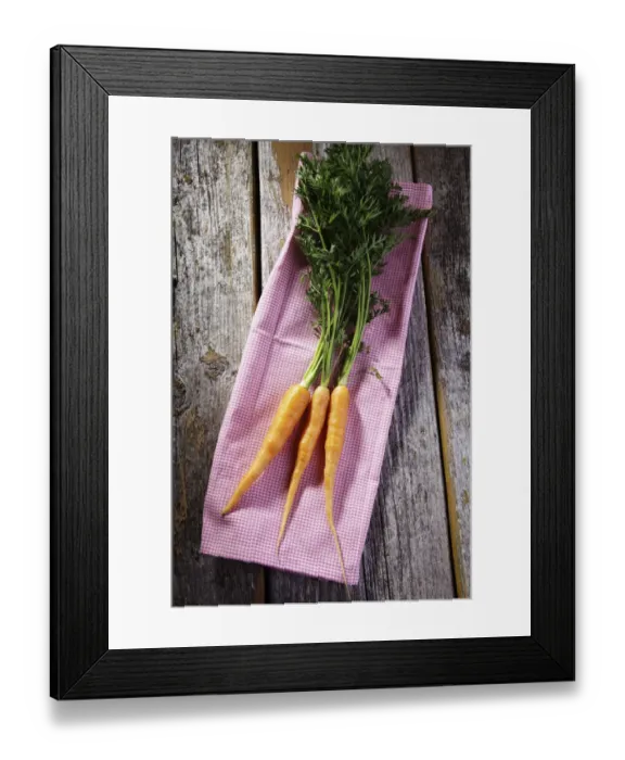 Framed Print : Fresh carrots on a kitchen towel on rustic wood Framed Print : Fresh carrots on a kitchen towel on rustic wood