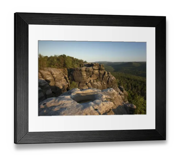 Framed Print : Evening mood from Pfaffenstein table mountain with Opferkessel stone basin in the Elbe Sandstone Mountains, Saxony, Germany, Europe Framed Print : Evening mood from Pfaffenstein table mountain with Opferkessel stone basin in the Elbe Sandstone Mountains, Saxony, Germany, Europe