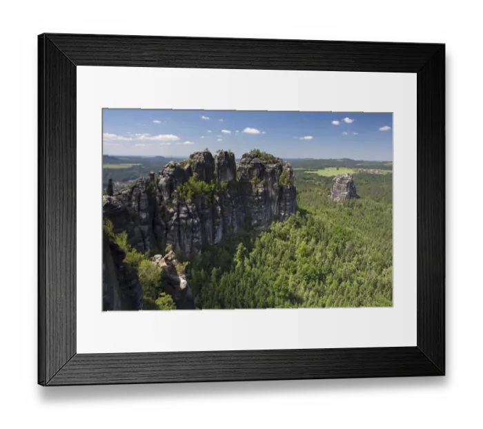 Framed Print : View of Schrammsteine ridge, jagged rock formation and Falkenstein rock, Elbe Sandstone Mountains, Saxony, Germany, Europe Framed Print : View of Schrammsteine ridge, jagged rock formation and Falkenstein rock, Elbe Sandstone Mountains, Saxony, Germany, Europe
