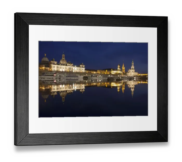 Framed Print : Reflection of the historic city centre of Dresden in the Elbe River at night, Saxony, Germany, Europe