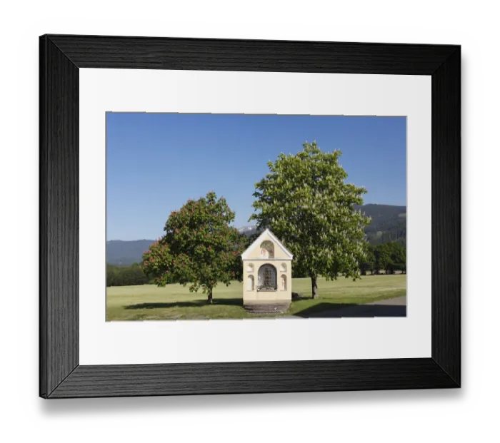 Framed Print : Chapel and flowering chestnut trees, horse chestnut -Aesculus hippocastanum-, Prankh, community of St. Marein near Knittelfeld, Upper Styria, Styria, Austria, Europe, PublicGround Framed Print : Chapel and flowering chestnut trees, horse chestnut -Aesculus hippocastanum-, Prankh, community of St. Marein near Knittelfeld, Upper Styria, Styria, Austria, Europe, PublicGround