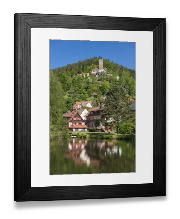 Framed Print : Stadtsee lake with Burg Liebenzell Castle, Bad Liebenzell, Nordschwarzwald, Schwarzwald, Baden-Wurttemberg, Germany