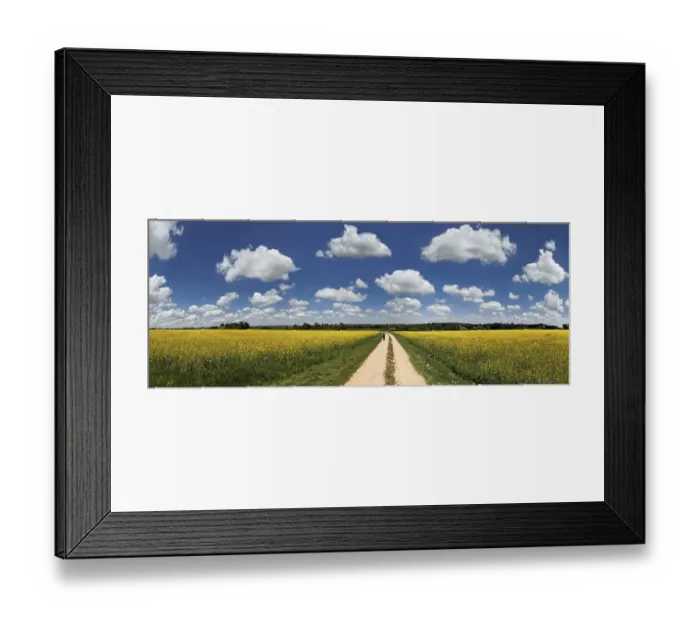 Framed Print : Hiker on a dirt track, bright rape fields and white clouds against a blue sky, near Erkertshofen, Titting, Altmuhltal Nature Park, Bavaria, Germany Framed Print : Hiker on a dirt track, bright rape fields and white clouds against a blue sky, near Erkertshofen, Titting, Altmuhltal Nature Park, Bavaria, Germany
