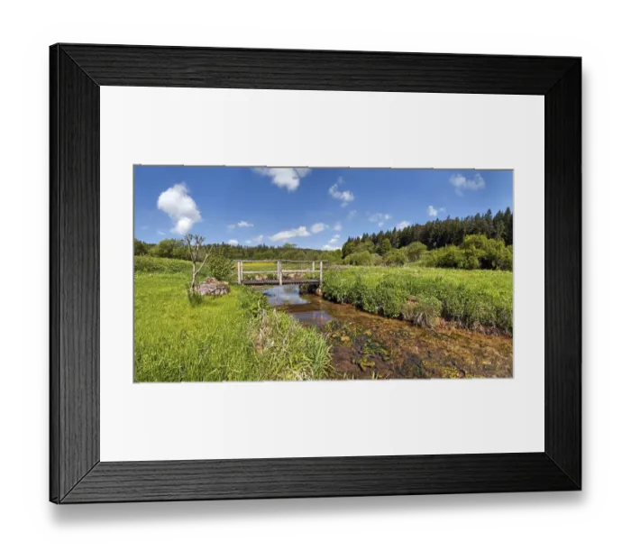 Framed Print : Bridge over the Morsbach stream with green meadows, Altmuhltal Nature Park, Bavaria, Germany