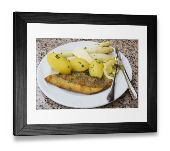 Framed Print : Fried salmon with asparagus, butter and boiled potatoes Framed Print : Fried salmon with asparagus, butter and boiled potatoes