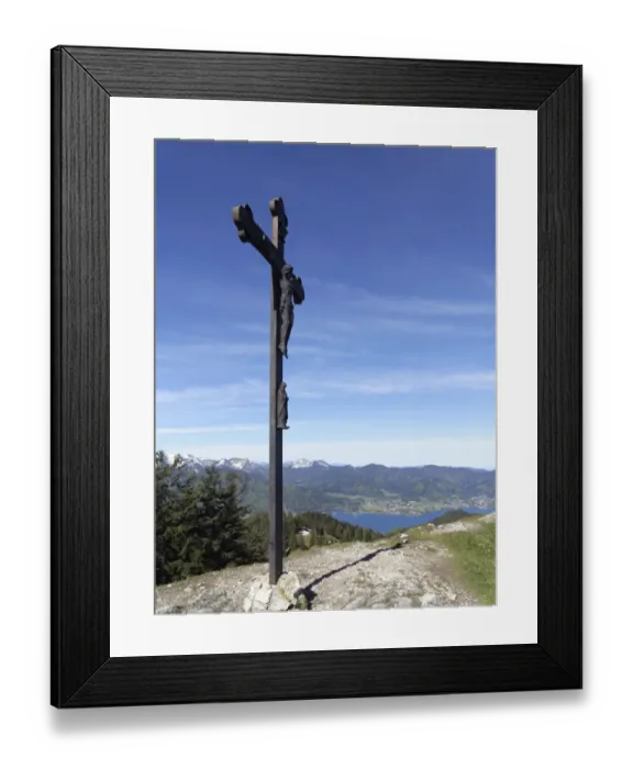 Framed Print : Cross on the summit of Baumgartenschneid mountain, lake Tegernsee and Bad Wiessee, Tegernsee valley, Mangfall Mountains, Upper Bavaria, Bavaria, Germany, Europe