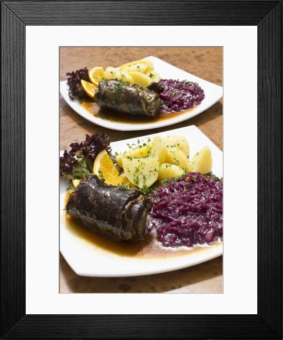 Framed Print : Beef roulade with red cabbage and boiled potatoes Framed Print : Beef roulade with red cabbage and boiled potatoes
