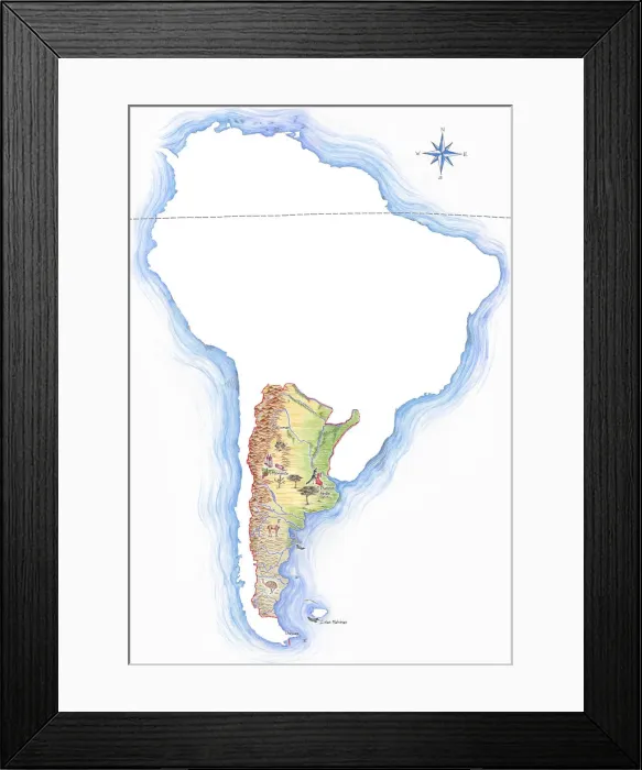 Framed Print : Highly detailed hand-drawn map of Argentina within the outline of South America with a compass rose and the equator Framed Print : Highly detailed hand-drawn map of Argentina within the outline of South America with a compass rose and the equator