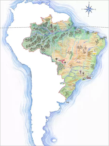 Highly detailed hand-drawn map of Brazil within the outline of South America with a compass rose and the equator
