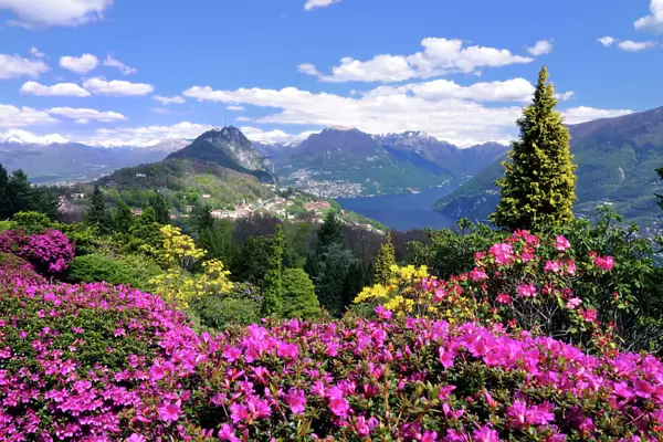 View from Parco San Grato to the village of Carona, San Salvatore, Lago di Lugano, Lugano, Canton Ticino, Switzerland