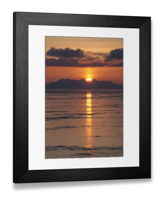 Framed Print : Sunset behind the mountains of the Isfjorden with reflections in the tidal flats, Longyearbyen, Spitsbergen, Svalbard, Norway, Europe