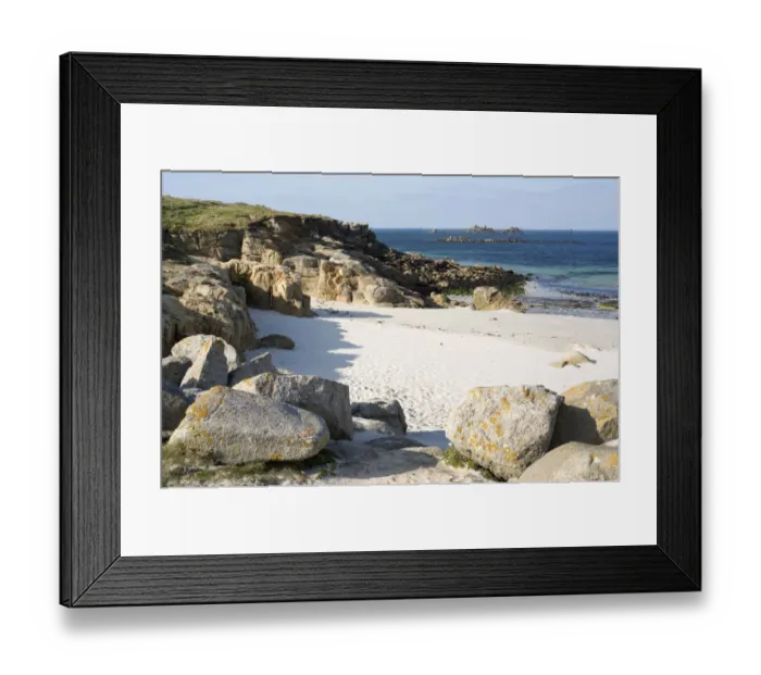 Framed Print : Coastline with a sandy beach and rocks at Plouarzel, Departement Finistere, Brittany, France, Europe
