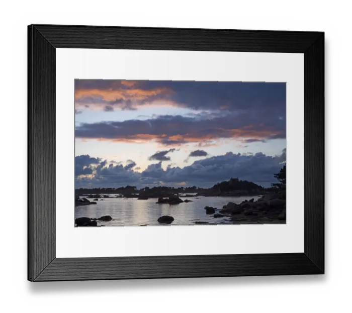 Framed Print : Cloud formations at sunset over the rocky bay of Sain-Guirec, Ploumanac h, Cote de Granit Rose, Brittany, France, Europe Framed Print : Cloud formations at sunset over the rocky bay of Sain-Guirec, Ploumanac h, Cote de Granit Rose, Brittany, France, Europe