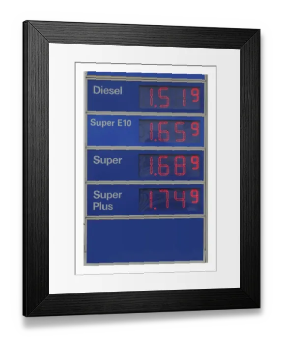 Framed Print : Sign with petrol prices at a petrol station, Germany, Europe Framed Print : Sign with petrol prices at a petrol station, Germany, Europe