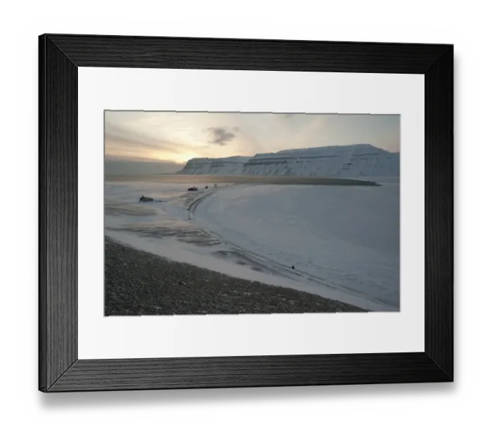 Framed Print : Trapper huts at Cape Schoulz at sunset on the partially frozen Tempelfjorden, Spitsbergen, Svalbard, Norway, Europe