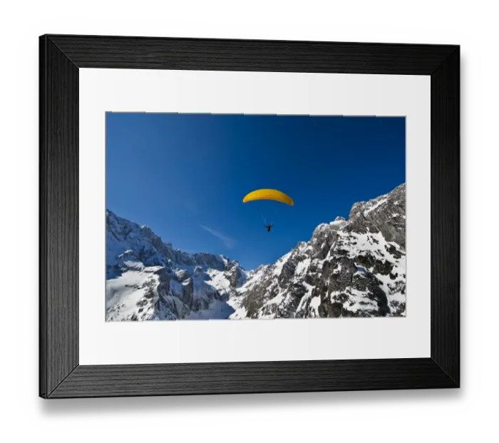Framed Print : Paraglider, Hollental or Hell Valley, Hollentalferner glacier, Waxensteinkamm crest, Zugspitze mountain, Wetterstein mountains, Grainau, Werdenfelser Land, Bavaria, Germany