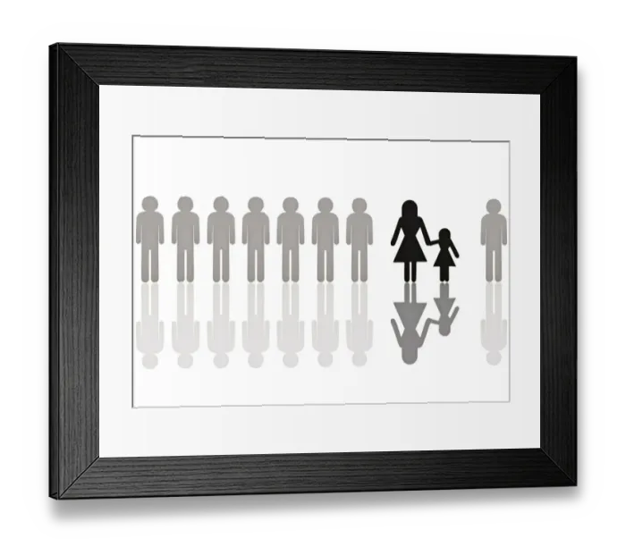 Framed Print : Row of grey male pictogram figures with a single black female figure with a child, symbolic image for discrimination in employment because of a child Framed Print : Row of grey male pictogram figures with a single black female figure with a child, symbolic image for discrimination in employment because of a child