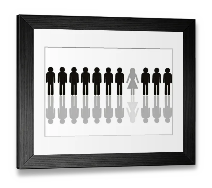 Framed Print : Row of black male pictogram figures with a single grey female figure, symbolic image for a womens quota Framed Print : Row of black male pictogram figures with a single grey female figure, symbolic image for a womens quota