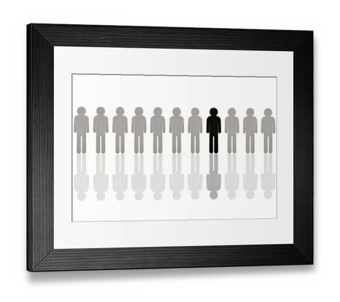 Framed Print : Row of grey pictogram figures with a single black figure, symbolic image for an outsider Framed Print : Row of grey pictogram figures with a single black figure, symbolic image for an outsider