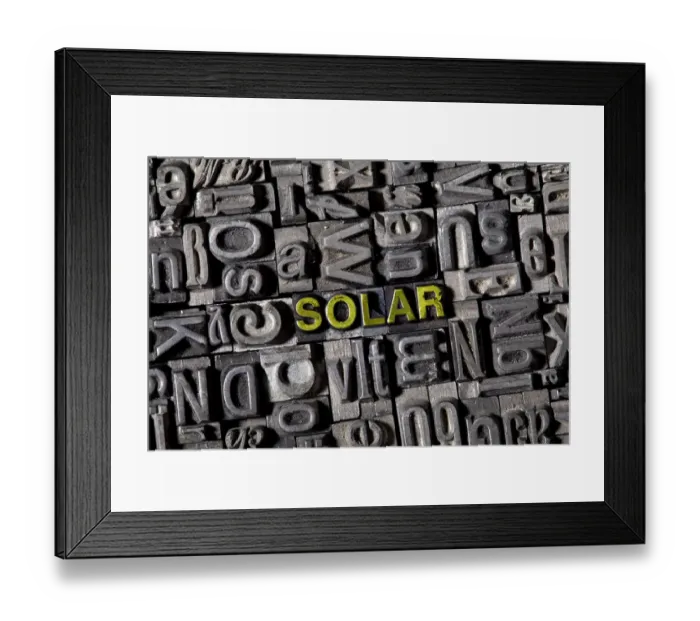 Framed Print : Old lead letters spelling the word SOLAR Framed Print : Old lead letters spelling the word SOLAR