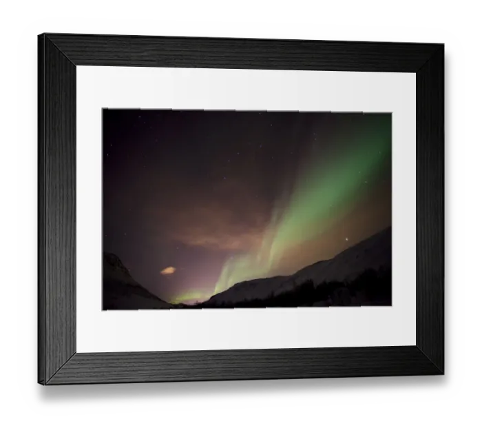 Framed Print : Northern Lights over the Kattfjord pass in winter, Kvaloya, Tromso, Norway, Europe