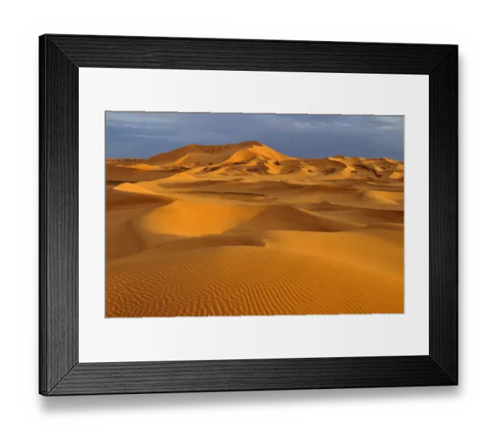 Framed Print : Sand dunes in evening light, Sahara, Erg Tibaradine, Immidir or Mouydir, Sahara, Tamanrasset Province, Algeria