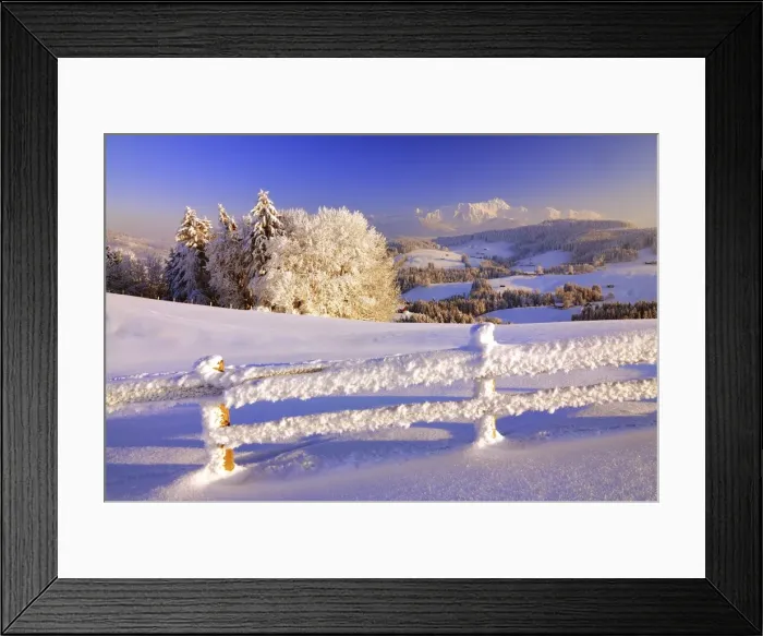 Framed Print : Appenzell winter landscape in evening light with view on the Santis, fence with hoarfrost in the foreground, Canton Appenzell, Switzerland Framed Print : Appenzell winter landscape in evening light with view on the Santis, fence with hoarfrost in the foreground, Canton Appenzell, Switzerland