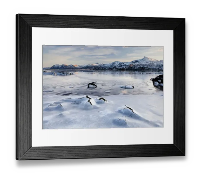 Framed Print : Frozen fjord in winter, Lofoten, Norway Framed Print : Frozen fjord in winter, Lofoten, Norway