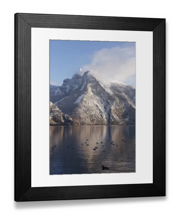 Framed Print : Lake Traunsee with Erlakogel mountain and Roetelstein mountain as seen from Traunkirchen, Salzkammergut, Upper Austria, Austria, Europe Framed Print : Lake Traunsee with Erlakogel mountain and Roetelstein mountain as seen from Traunkirchen, Salzkammergut, Upper Austria, Austria, Europe