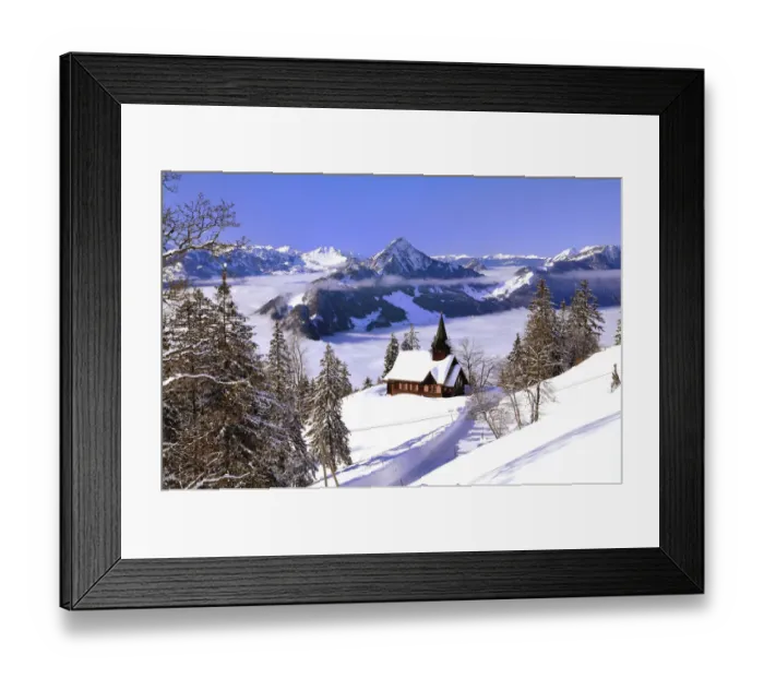 Framed Print : Chapel in winter with view on the Hochflue and the Central Swiss Alps, Haggenegg, Canton of Schwyz, Switzerland Framed Print : Chapel in winter with view on the Hochflue and the Central Swiss Alps, Haggenegg, Canton of Schwyz, Switzerland