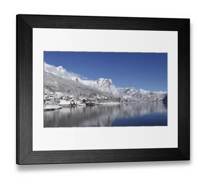 Framed Print : Reflection of snowcapped mountain in water, Backenstein Mountain, Ausseerland, Salzkammergut, Styria, Austria