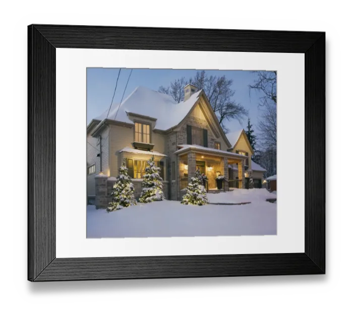 Framed Print : Luxurious residential cottage style home with illuminated evergreen trees at dusk in winter, Quebec, Canada Framed Print : Luxurious residential cottage style home with illuminated evergreen trees at dusk in winter, Quebec, Canada