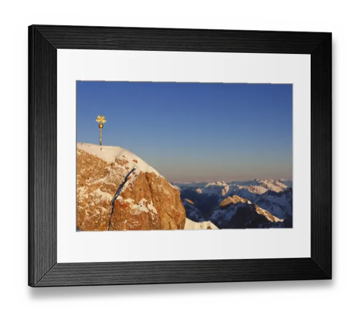 Framed Print : Summit cross on Zugspitze Mountain in the evening light, looking towards the east, Wetterstein Mountains, Upper Bavaria, Bavaria, Germany, Europe Framed Print : Summit cross on Zugspitze Mountain in the evening light, looking towards the east, Wetterstein Mountains, Upper Bavaria, Bavaria, Germany, Europe