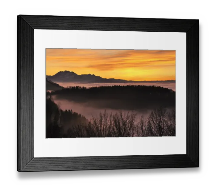 Framed Print : Foggy mood in the evening light with view on Mt. Pilatus, Zug, Switzerland, Europe Framed Print : Foggy mood in the evening light with view on Mt. Pilatus, Zug, Switzerland, Europe