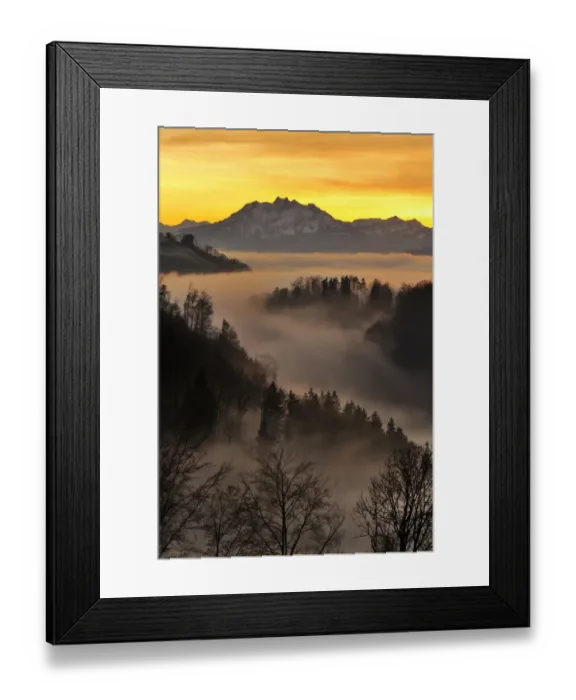 Framed Print : Foggy mood in the evening light with view on Mt. Pilatus, Zug, Switzerland, Europe Framed Print : Foggy mood in the evening light with view on Mt. Pilatus, Zug, Switzerland, Europe